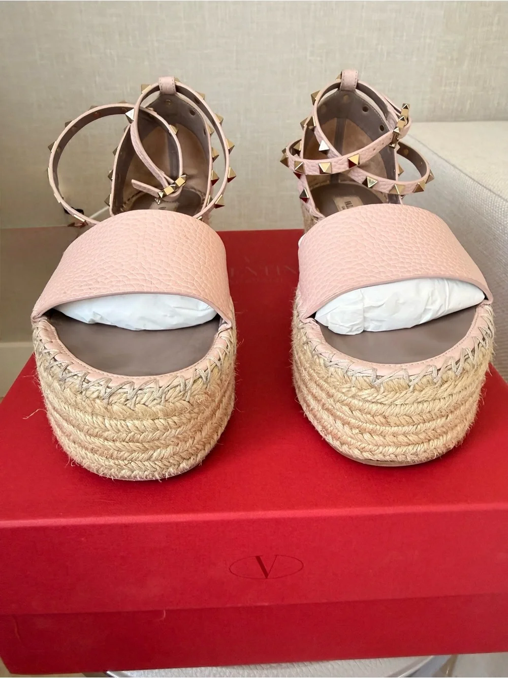 Valentino Garavani Blush Pink Studded Espadrille Platform Sandal